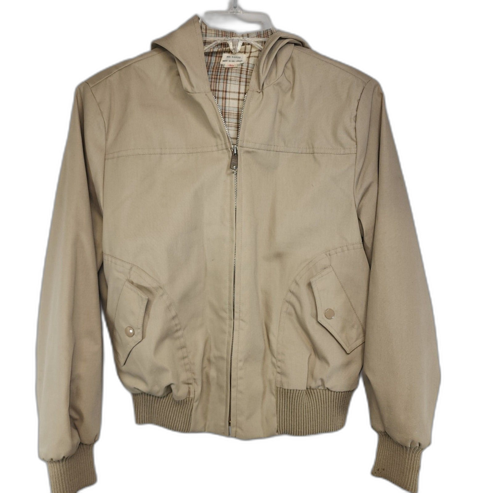 Vintage 70's or 80's Beige Zipper Hooded Bomber Jacket Size 13/14